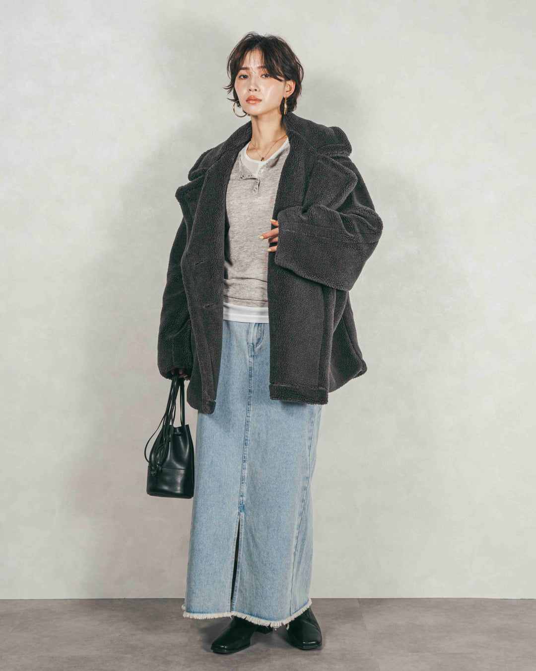 ［SET］テディボア Middleコート+フロントスリット Iラインデニムスカート（2SET）