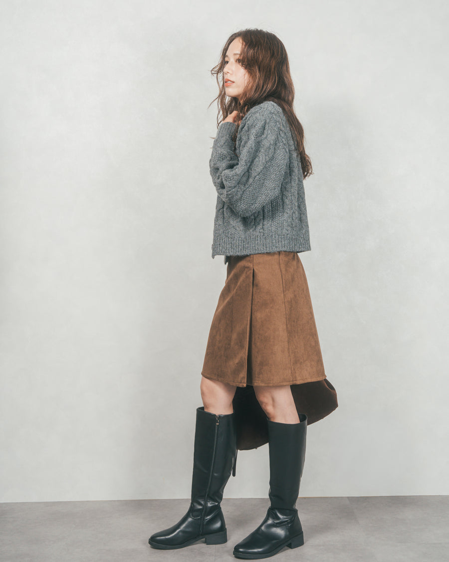 ［SET］ケーブルKnitクルーカーディガン+スウェードライクラップスカート（2SET）