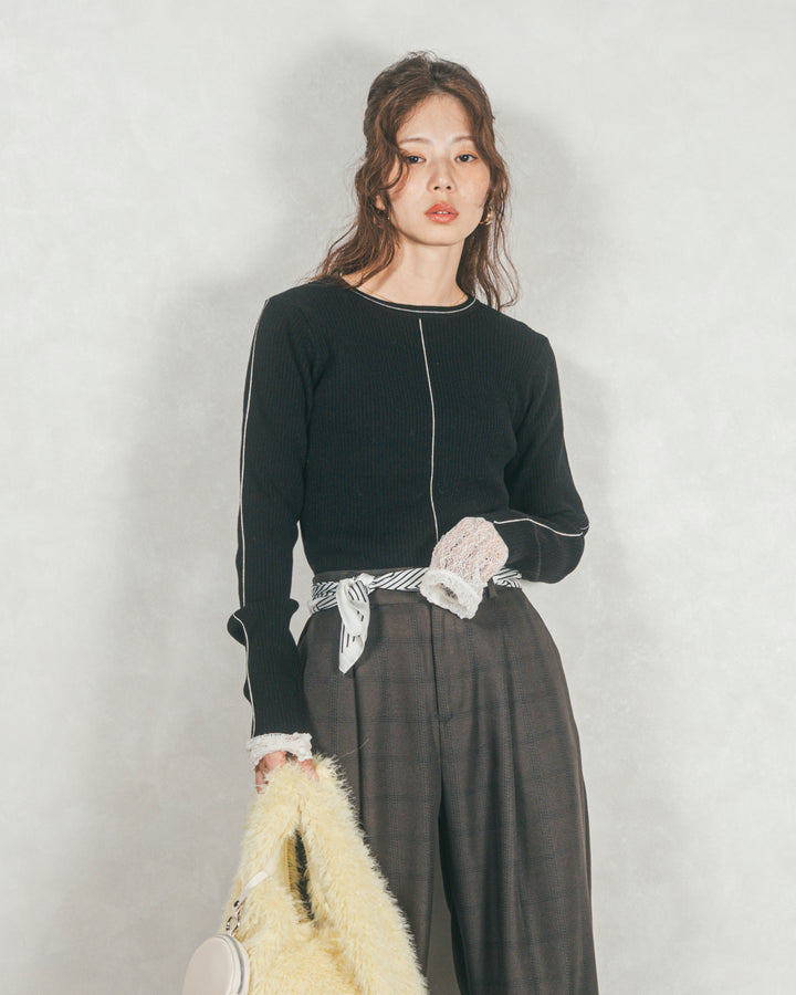 ［SET］Line Rib クルーネックニット+メランジチェックStraightパンツ（2SET）