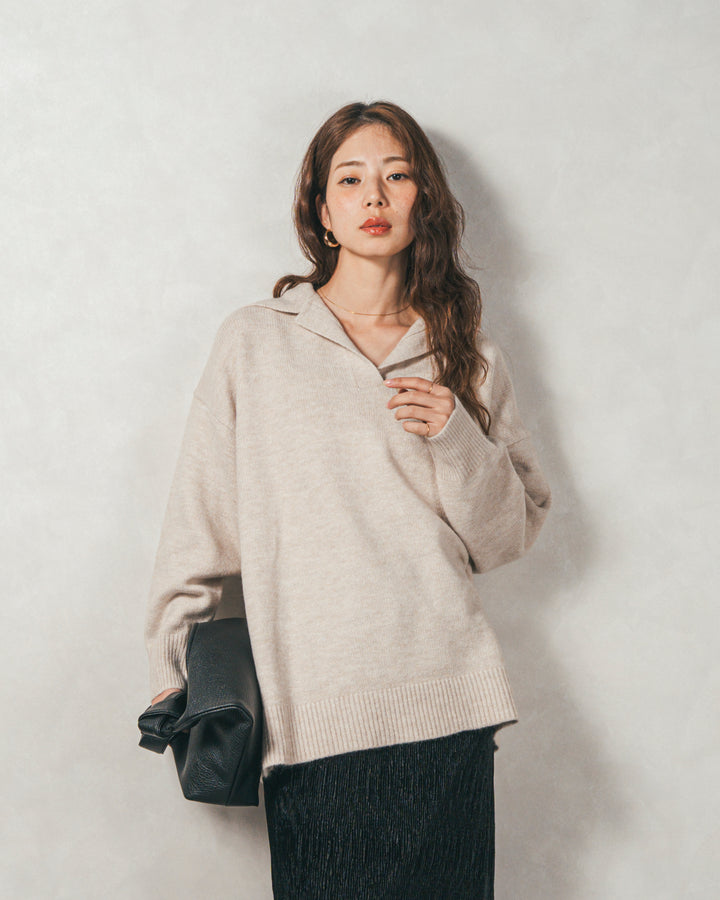 ［SET］サイドスリット襟付きスキッパーニット+ベロアNarrowスカート（2SET）