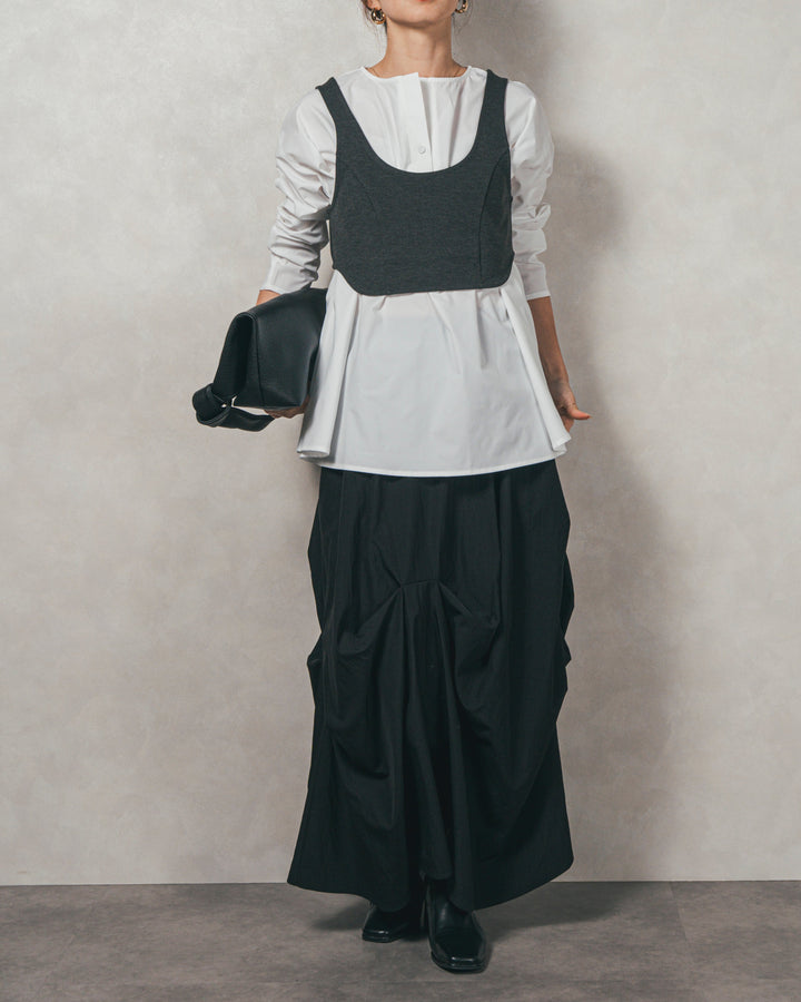 ［SET］カットビスチェxブラウス レイヤードSET+ヴィンテージブロードランダムタックスカート（2SET）
