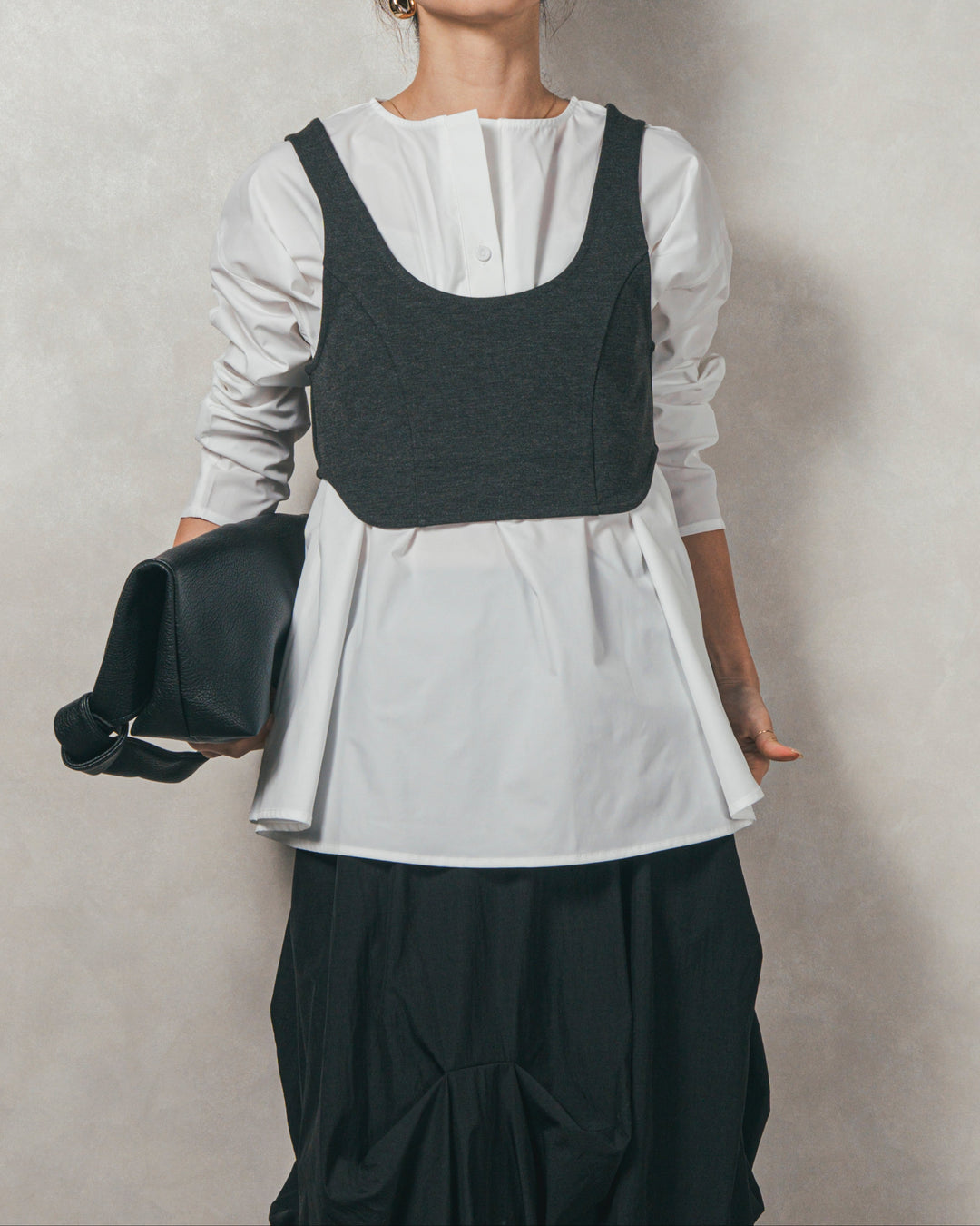 ［SET］カットビスチェxブラウス レイヤードSET+ヴィンテージブロードランダムタックスカート（2SET）