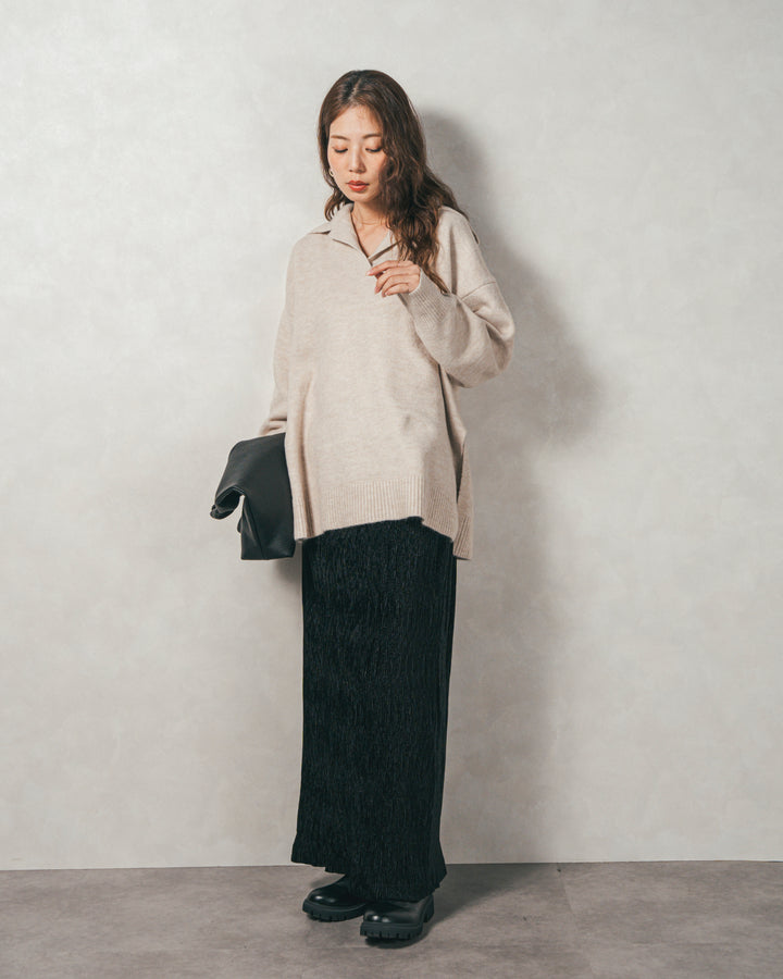 ［SET］サイドスリット襟付きスキッパーニット+ベロアNarrowスカート（2SET）