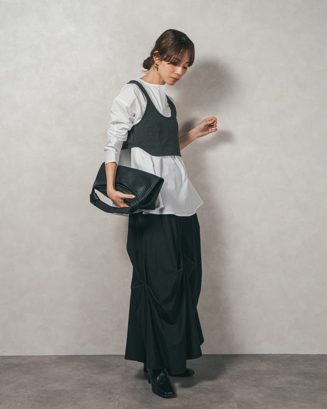 ［SET］カットビスチェxブラウス レイヤードSET+ヴィンテージブロードランダムタックスカート（2SET）