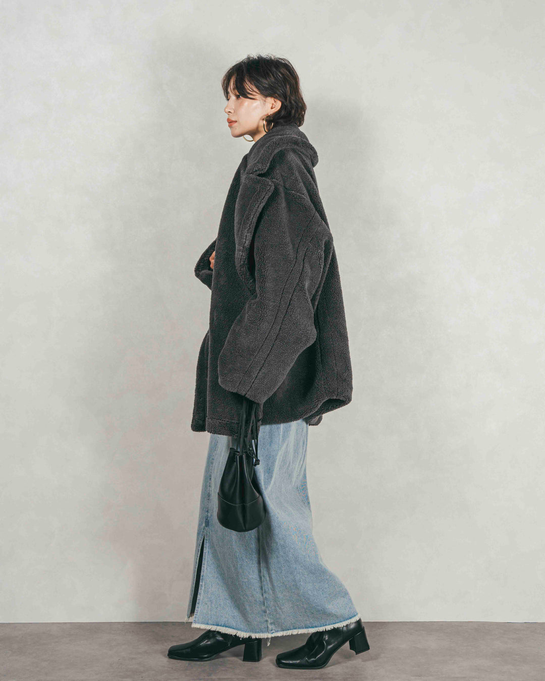 ［SET］テディボア Middleコート+フロントスリット Iラインデニムスカート（2SET）