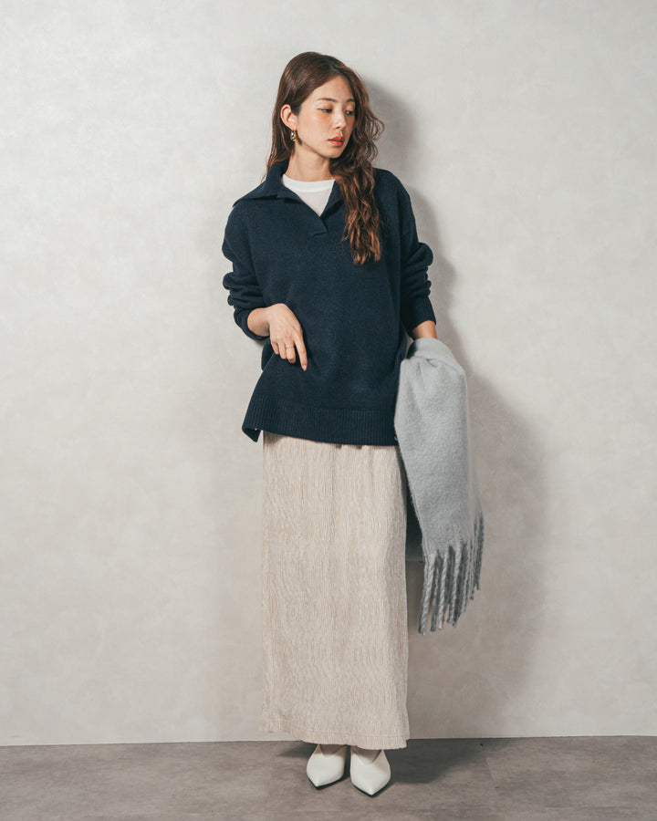 ［SET］サイドスリット襟付きスキッパーニット+ベロアNarrowスカート（2SET）