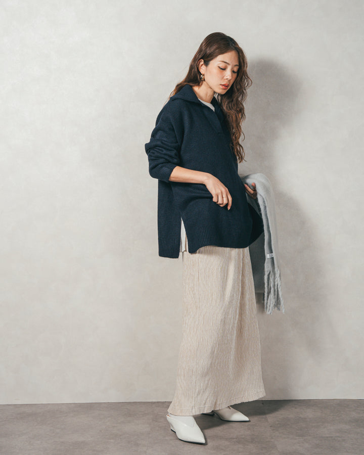 ［SET］サイドスリット襟付きスキッパーニット+ベロアNarrowスカート（2SET）