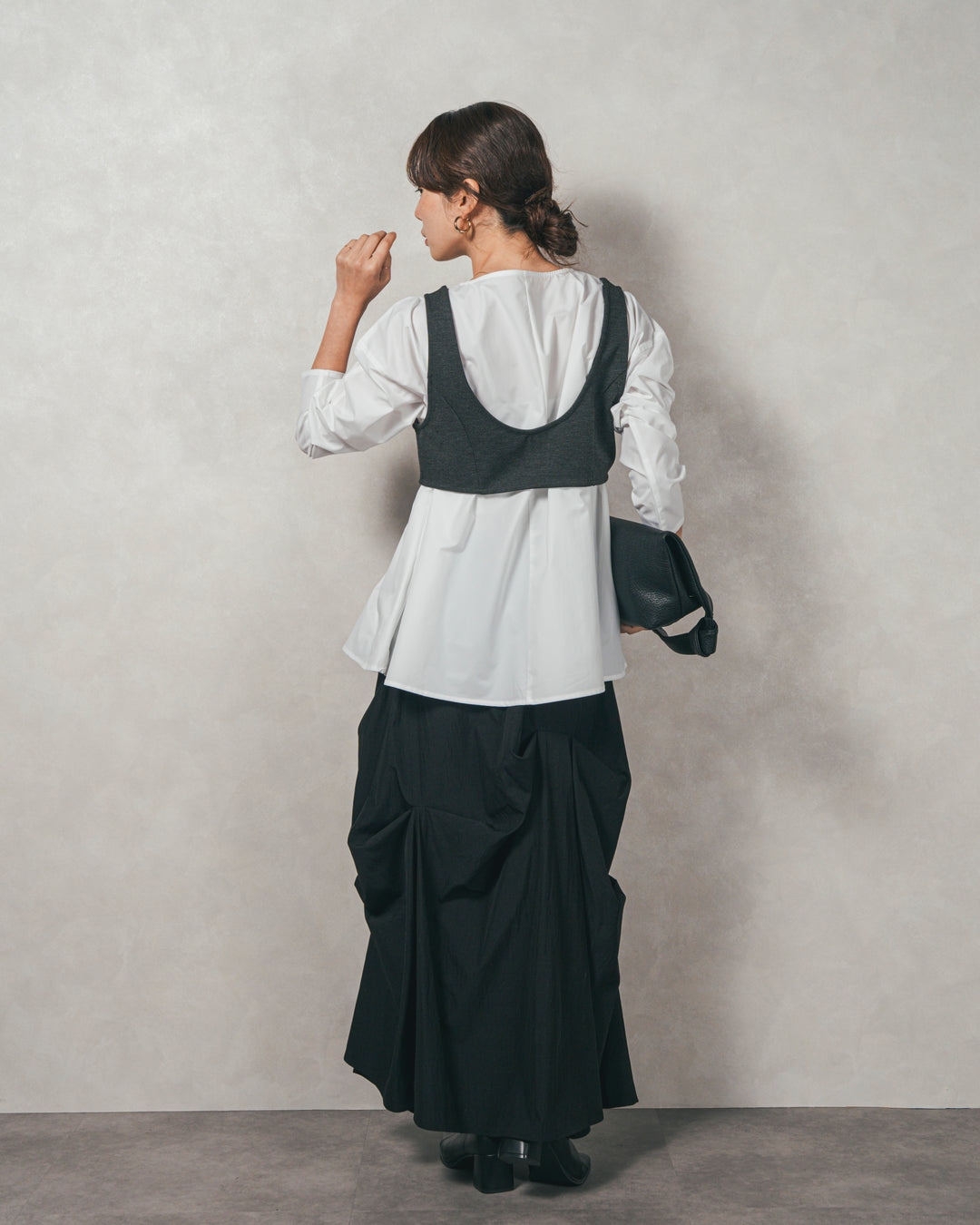 ［SET］カットビスチェxブラウス レイヤードSET+ヴィンテージブロードランダムタックスカート（2SET）