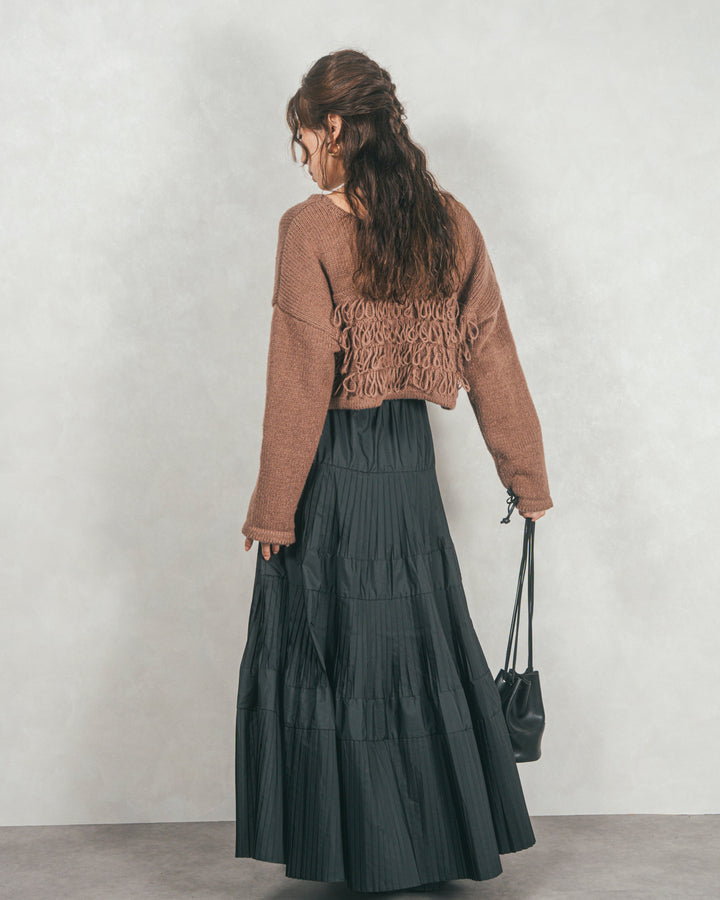 ［SET］ループ編みフリンジカーディガン+プリーツティアードLongスカート