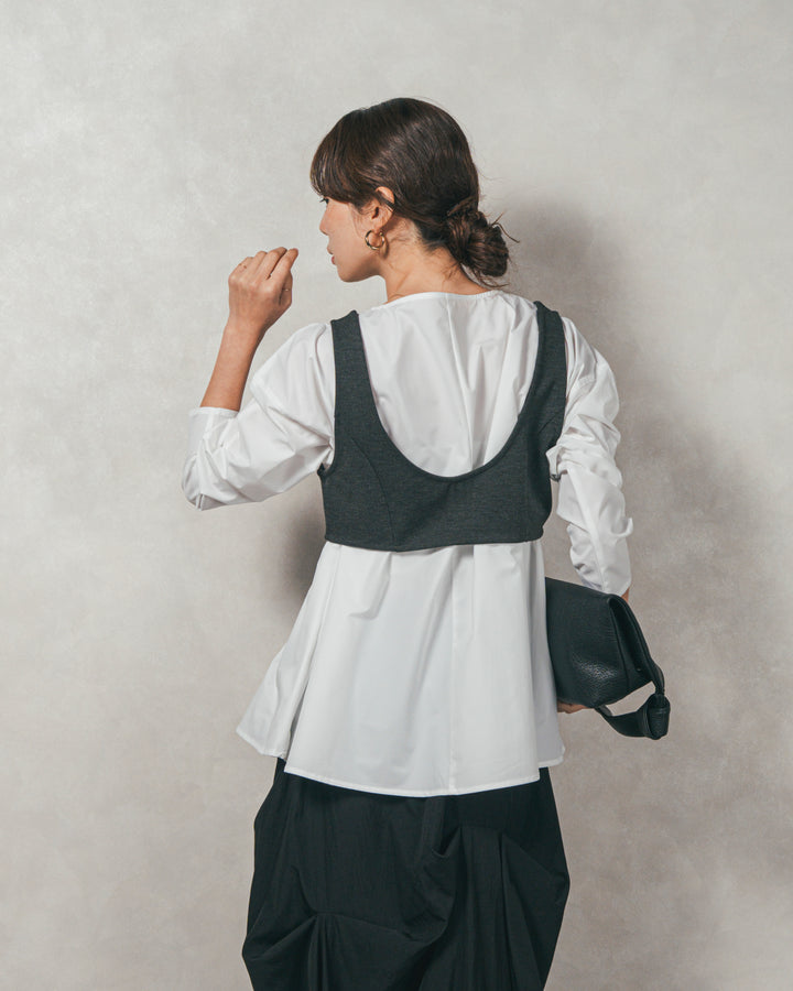 ［SET］カットビスチェxブラウス レイヤードSET+ヴィンテージブロードランダムタックスカート（2SET）