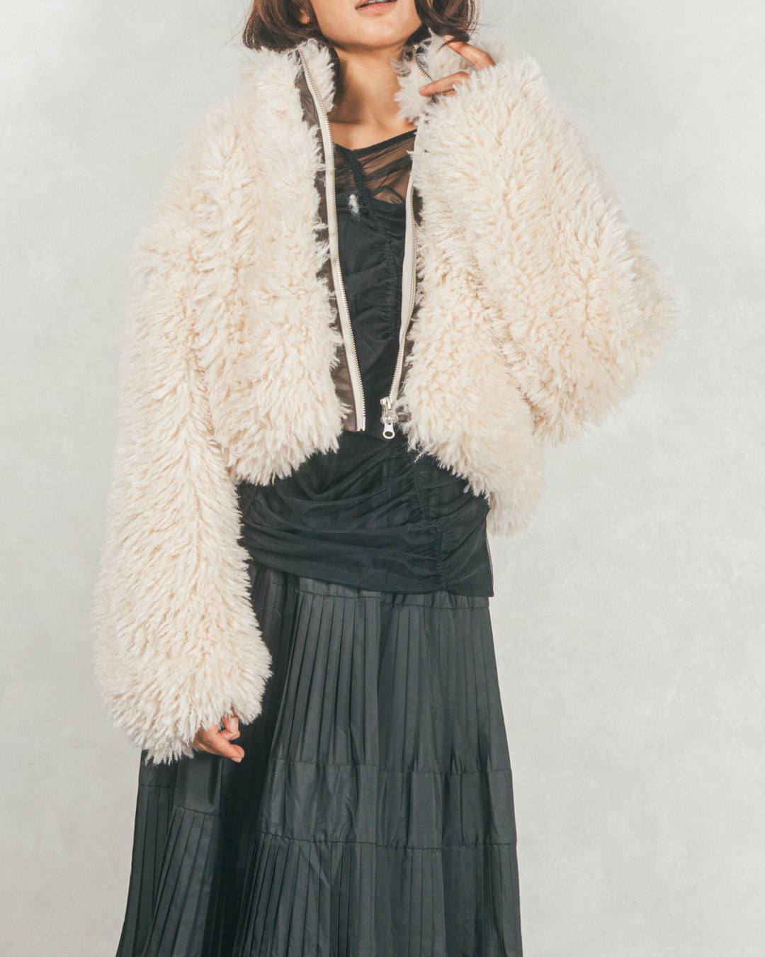 ［SET］プードルボアZipショートコート+プリーツNarrowロングスカート（2SET）