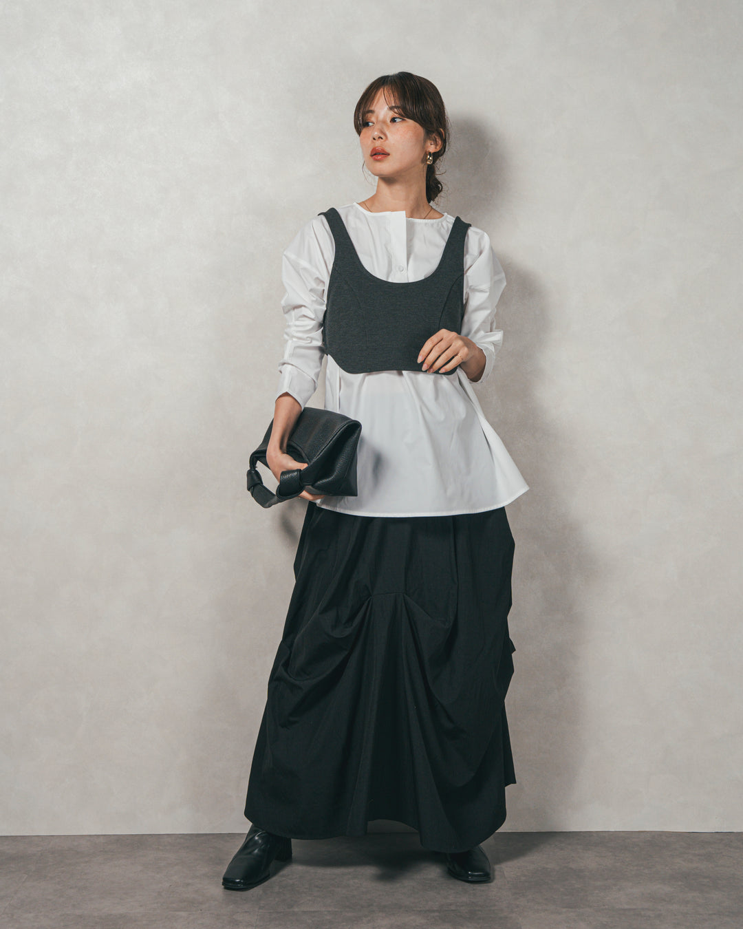 ［SET］カットビスチェxブラウス レイヤードSET+ヴィンテージブロードランダムタックスカート（2SET）