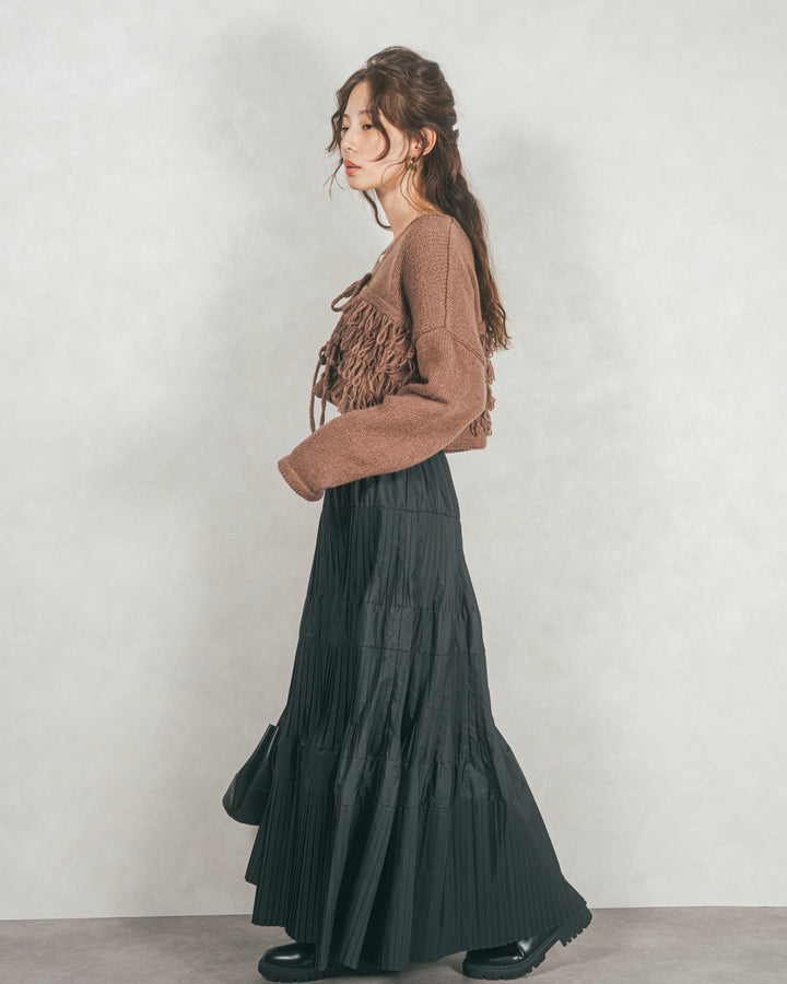 ［SET］ループ編みフリンジカーディガン+プリーツティアードLongスカート