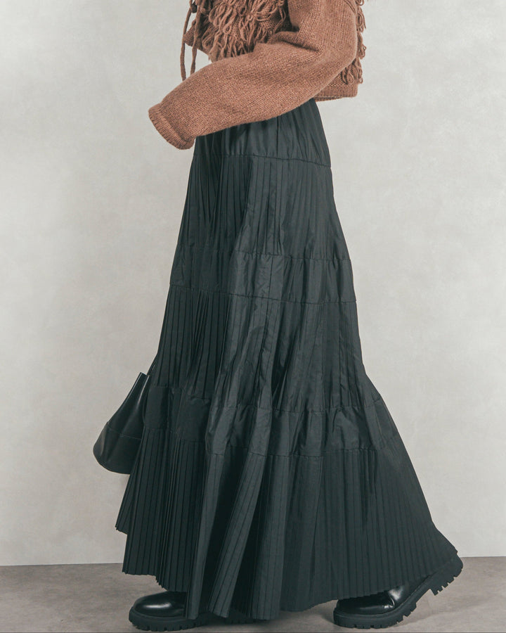 プリーツティアードLongスカート (BLACK)