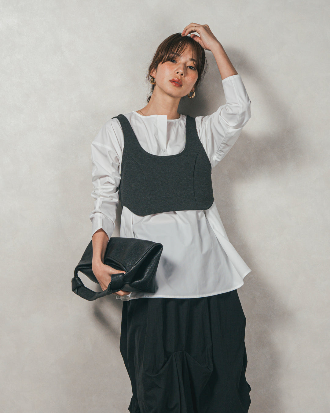 ［SET］カットビスチェxブラウス レイヤードSET+ヴィンテージブロードランダムタックスカート（2SET）