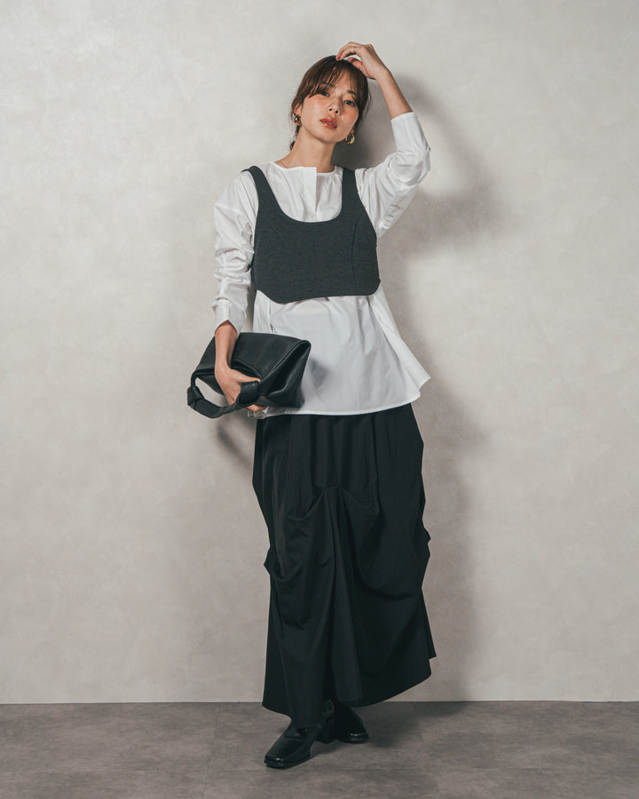 ［SET］カットビスチェxブラウス レイヤードSET+ヴィンテージブロードランダムタックスカート（2SET）