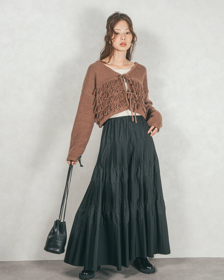 ［SET］ループ編みフリンジカーディガン+プリーツティアードLongスカート