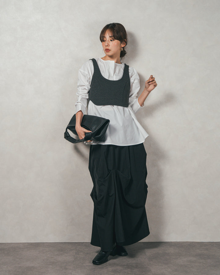 ［SET］カットビスチェxブラウス レイヤードSET+ヴィンテージブロードランダムタックスカート（2SET）