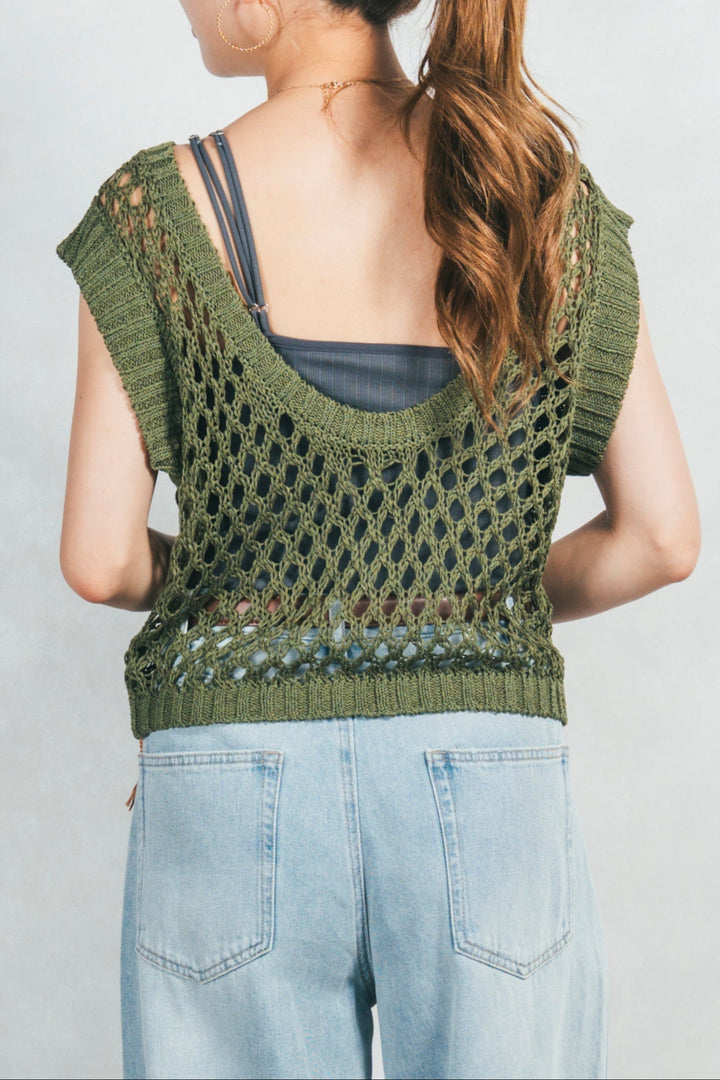 2-Way Uネックメッシュニットベスト (GREEN)