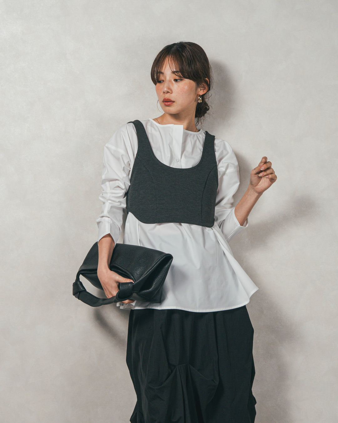 ［SET］カットビスチェxブラウス レイヤードSET+ヴィンテージブロードランダムタックスカート（2SET）