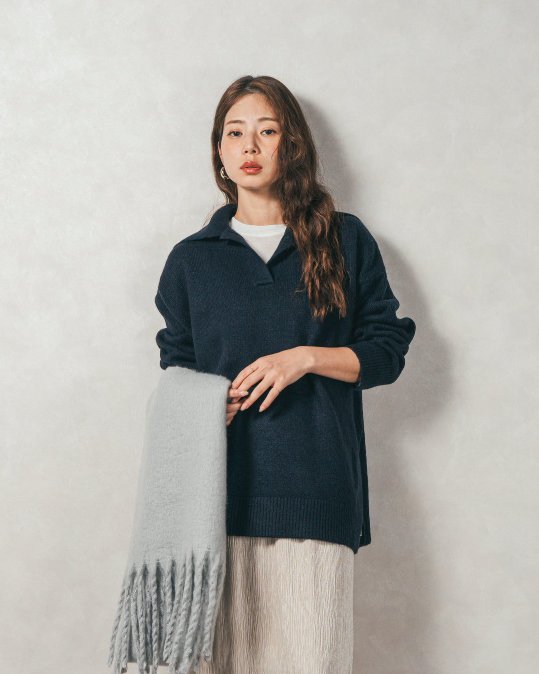 ［SET］サイドスリット襟付きスキッパーニット+ベロアNarrowスカート（2SET）