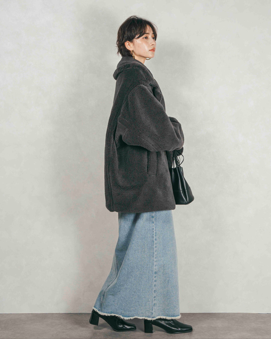 ［SET］テディボア Middleコート+フロントスリット Iラインデニムスカート（2SET）