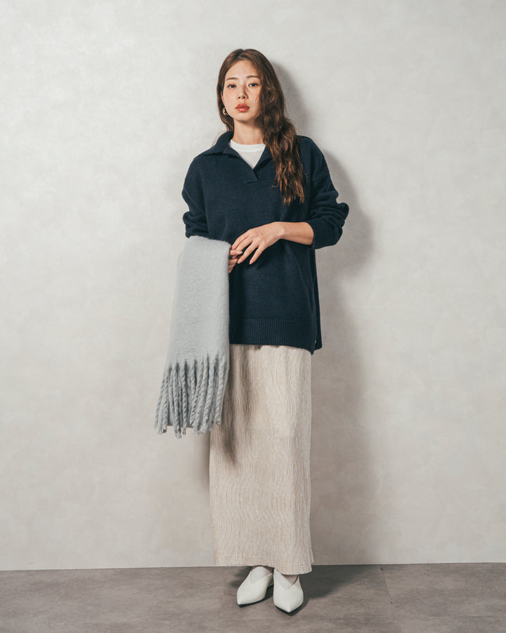 ［SET］サイドスリット襟付きスキッパーニット+ベロアNarrowスカート（2SET）