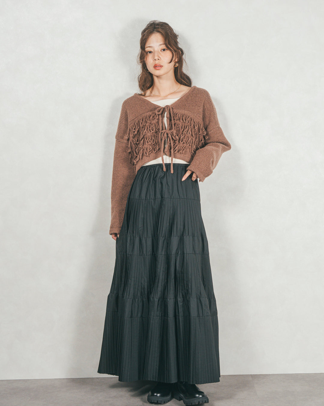 ［SET］ループ編みフリンジカーディガン+プリーツティアードLongスカート