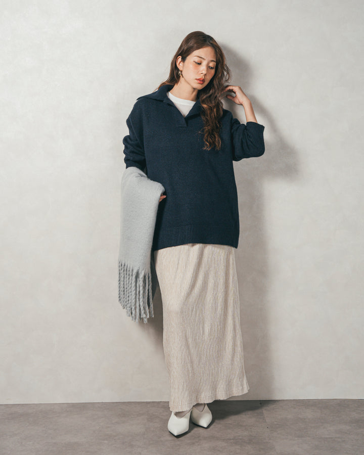 ［SET］サイドスリット襟付きスキッパーニット+ベロアNarrowスカート（2SET）