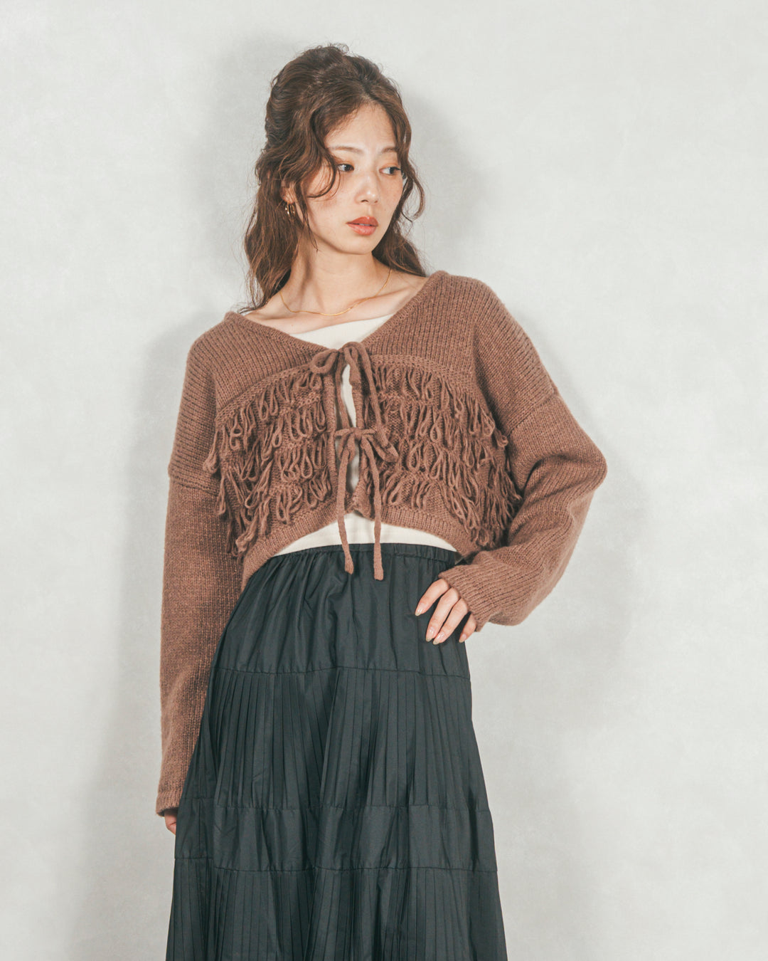 ［SET］ループ編みフリンジカーディガン+プリーツティアードLongスカート