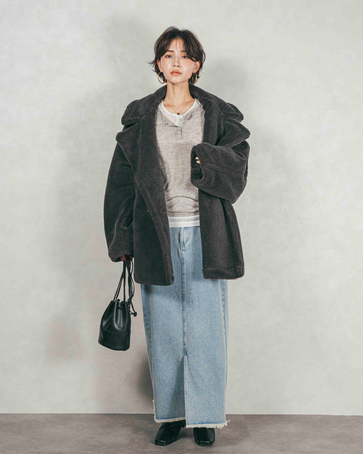 ［SET］テディボア Middleコート+フロントスリット Iラインデニムスカート（2SET）