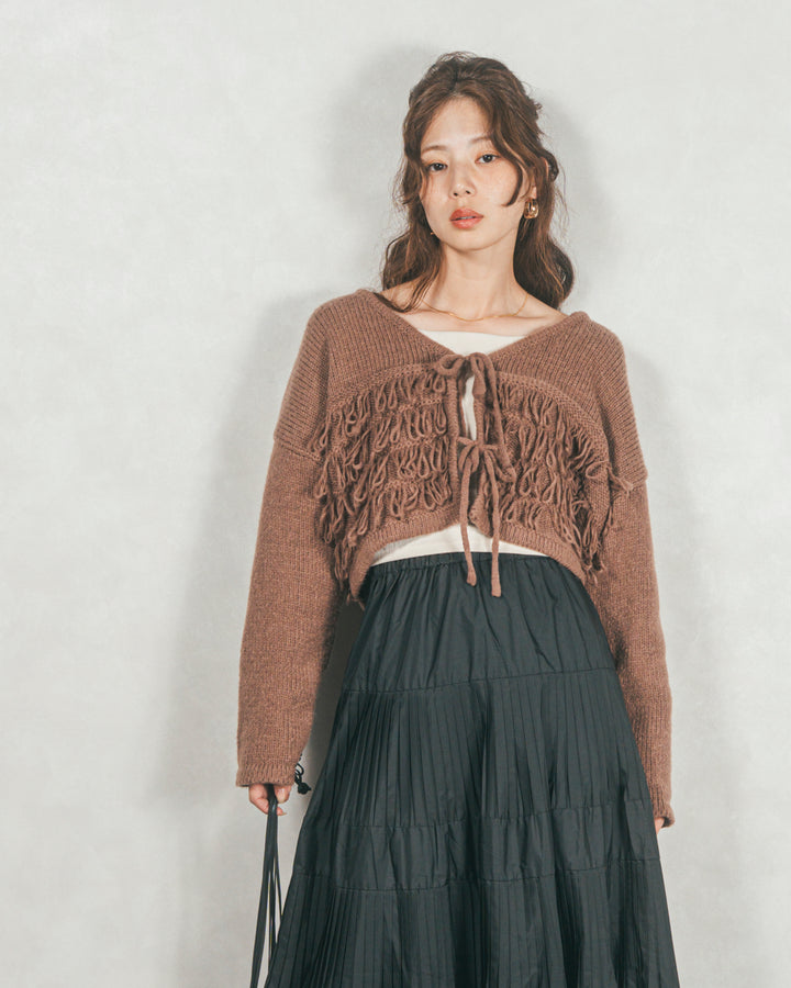 ［SET］ループ編みフリンジカーディガン+プリーツティアードLongスカート