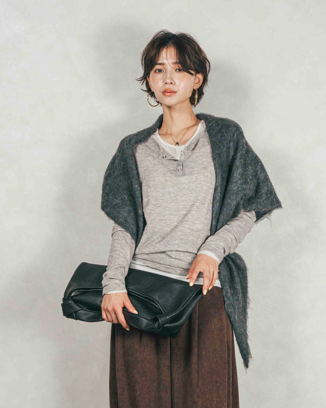 Sheerリブヘンリーネックトップス (GRAY)