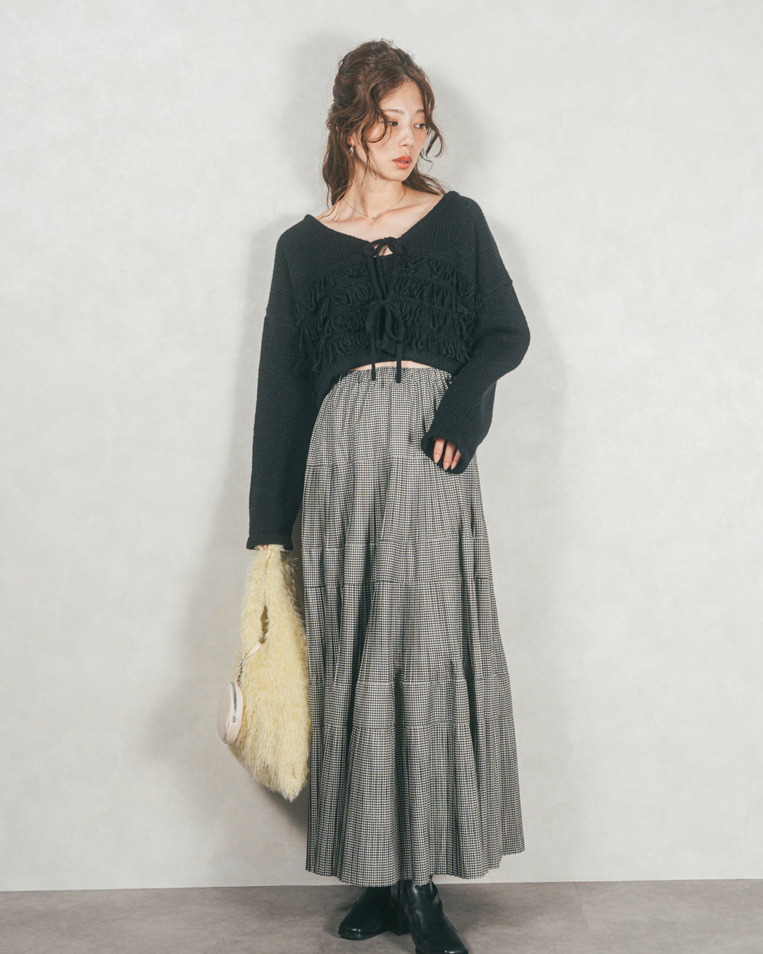 ループ編みフリンジカーディガン (BLACK)