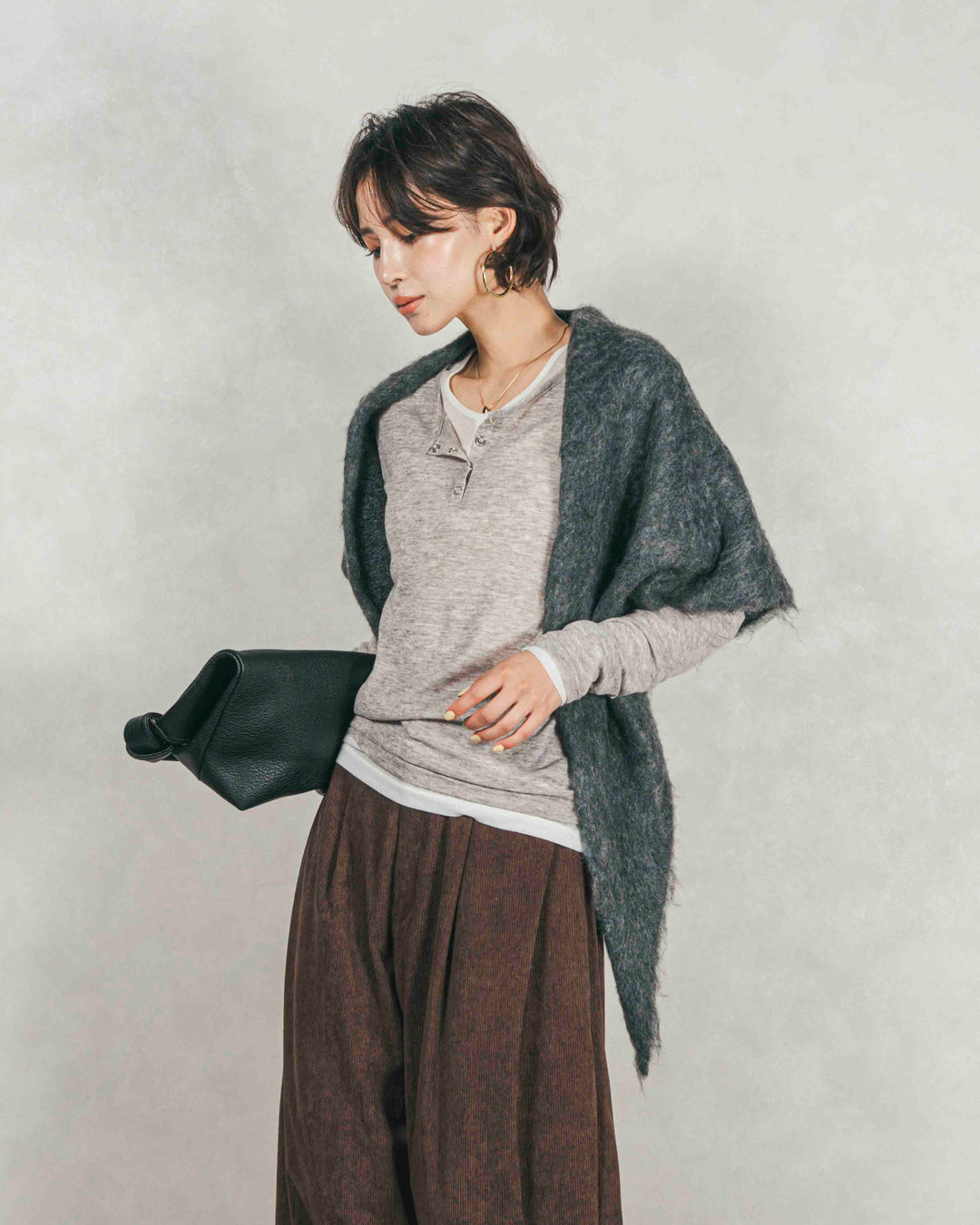 ［SET］Sheerリブヘンリーネックトップス+サイドタックコクーンコーデュロイパンツ（2SET）