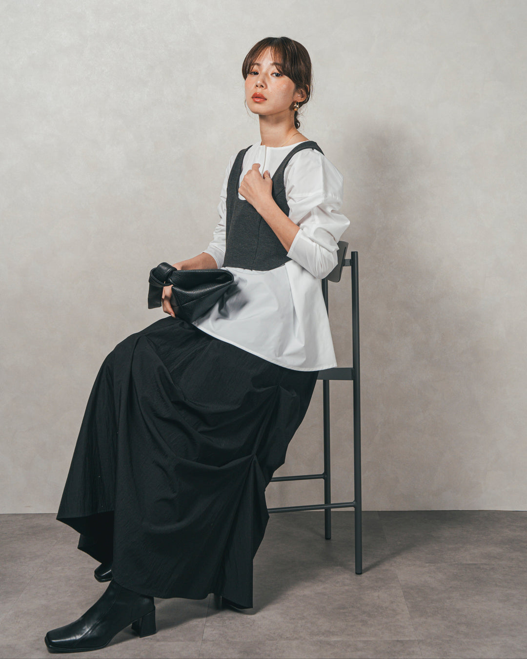 ［SET］カットビスチェxブラウス レイヤードSET+ヴィンテージブロードランダムタックスカート（2SET）