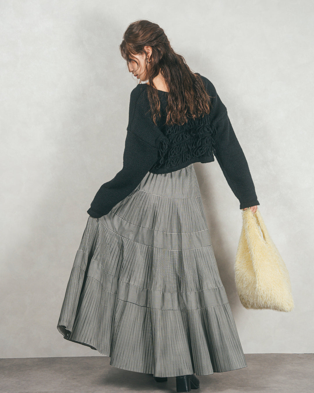 ［SET］ループ編みフリンジカーディガン+プリーツティアードLongスカート