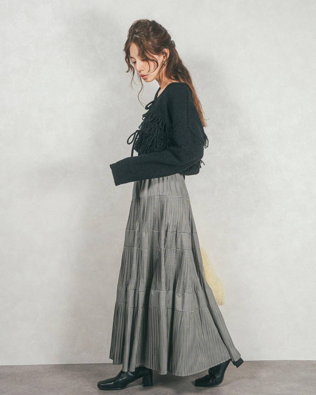 ［SET］ループ編みフリンジカーディガン+プリーツティアードLongスカート