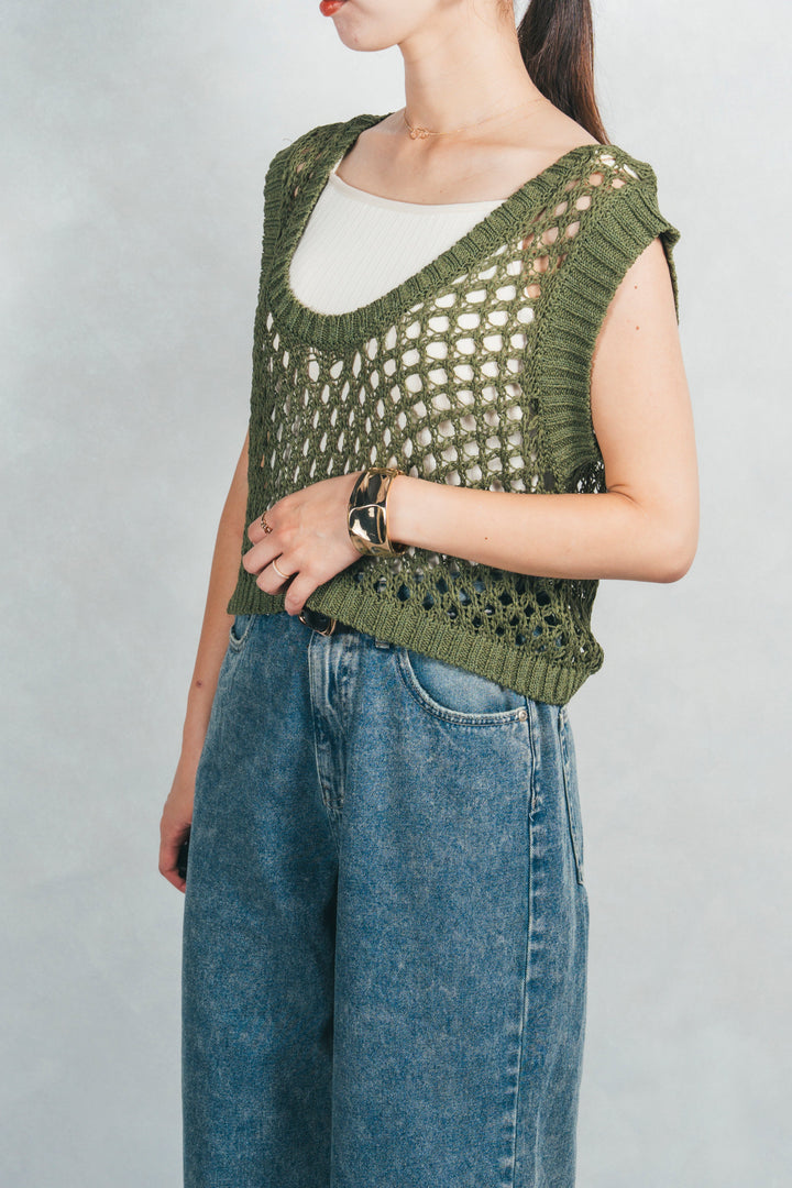 ［SET］2-Way Uネックメッシュニットベスト+［カップ付き］ヘルシーフィットリブキャミ（2SET）
