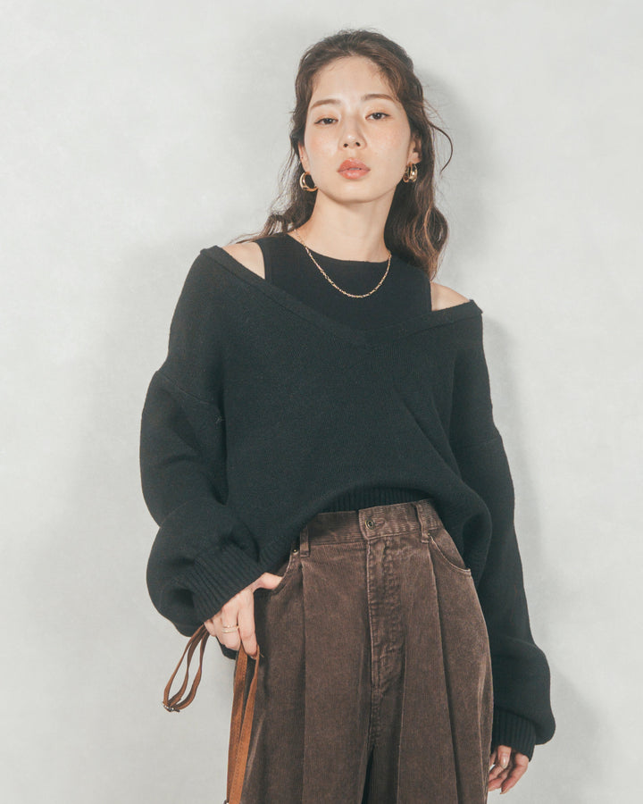 ［SET］メランジVネックニットレイヤードセット+Mellowサテン セミフレアスカート（2SET）