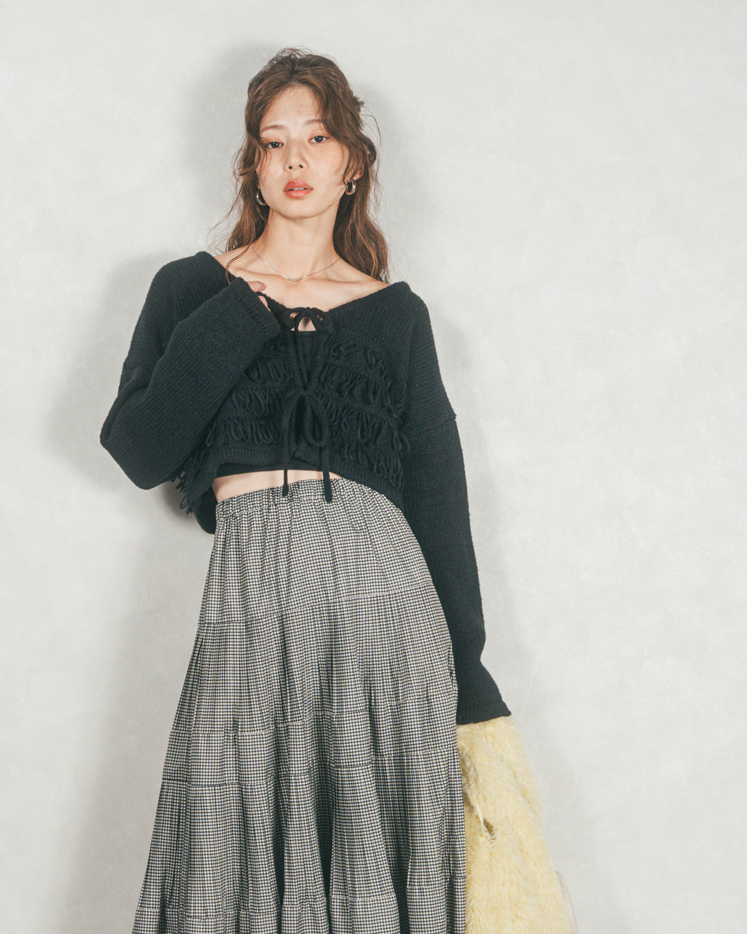 ループ編みフリンジカーディガン (BLACK)