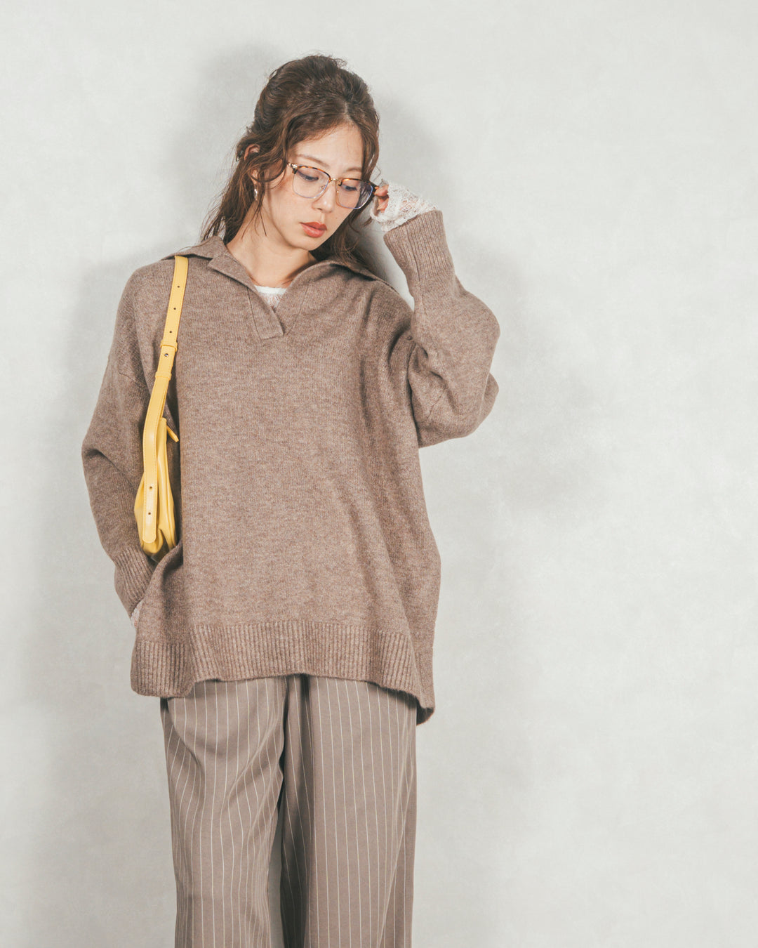 ［SET］サイドスリット襟付きスキッパーニット+Relaxストライプパンツ