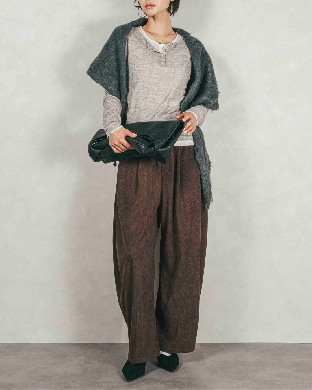 Sheerリブヘンリーネックトップス (GRAY)