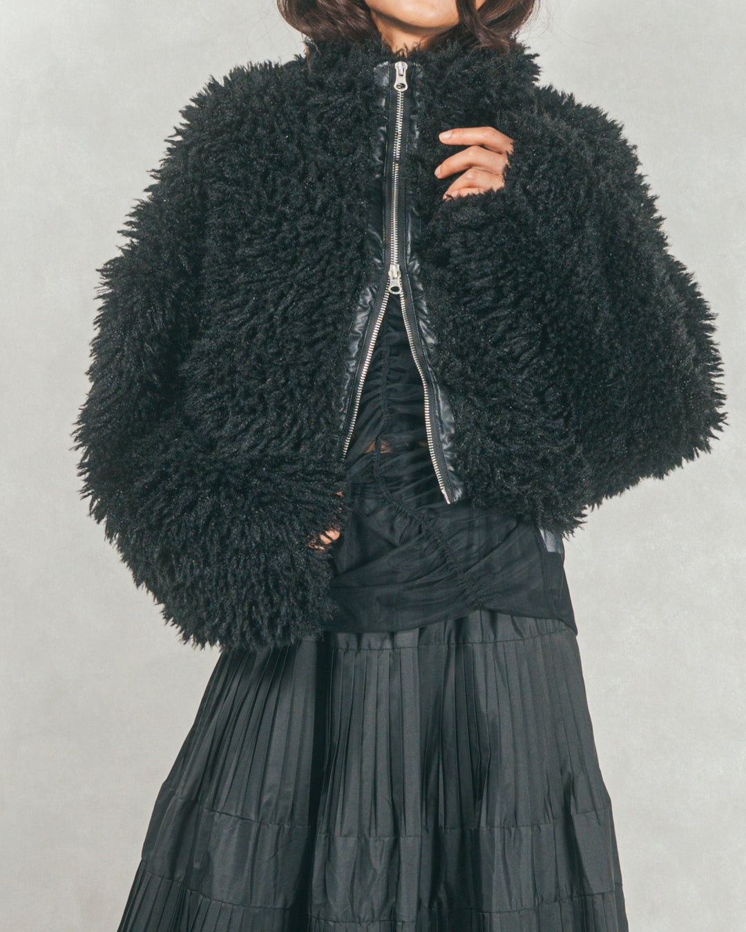 ［SET］プードルボアZipショートコート+ワイドTuckイージーデニム（2SET）