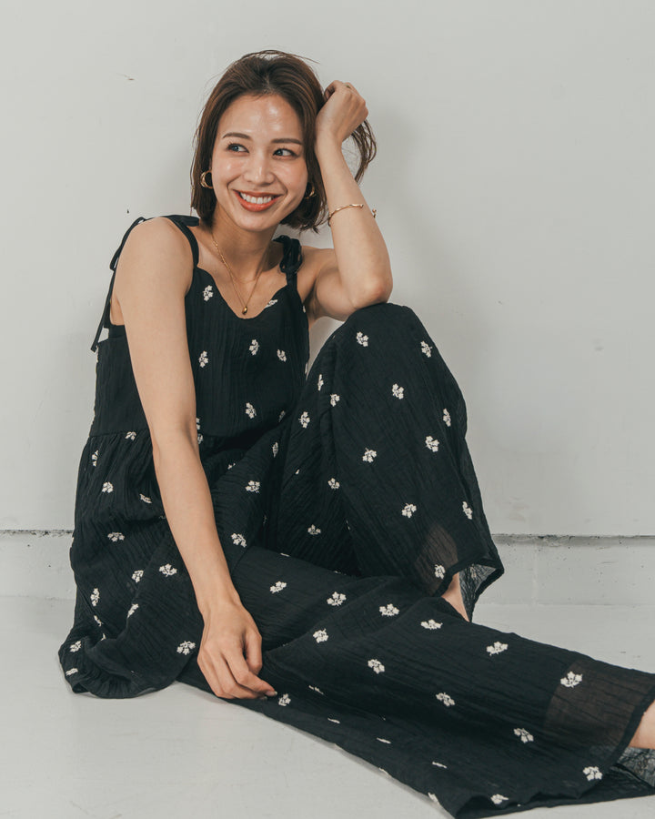 ［SET］ショルダーリボン刺繍Veilキャミ + 刺繍 Veilロングパンツ（2SET）