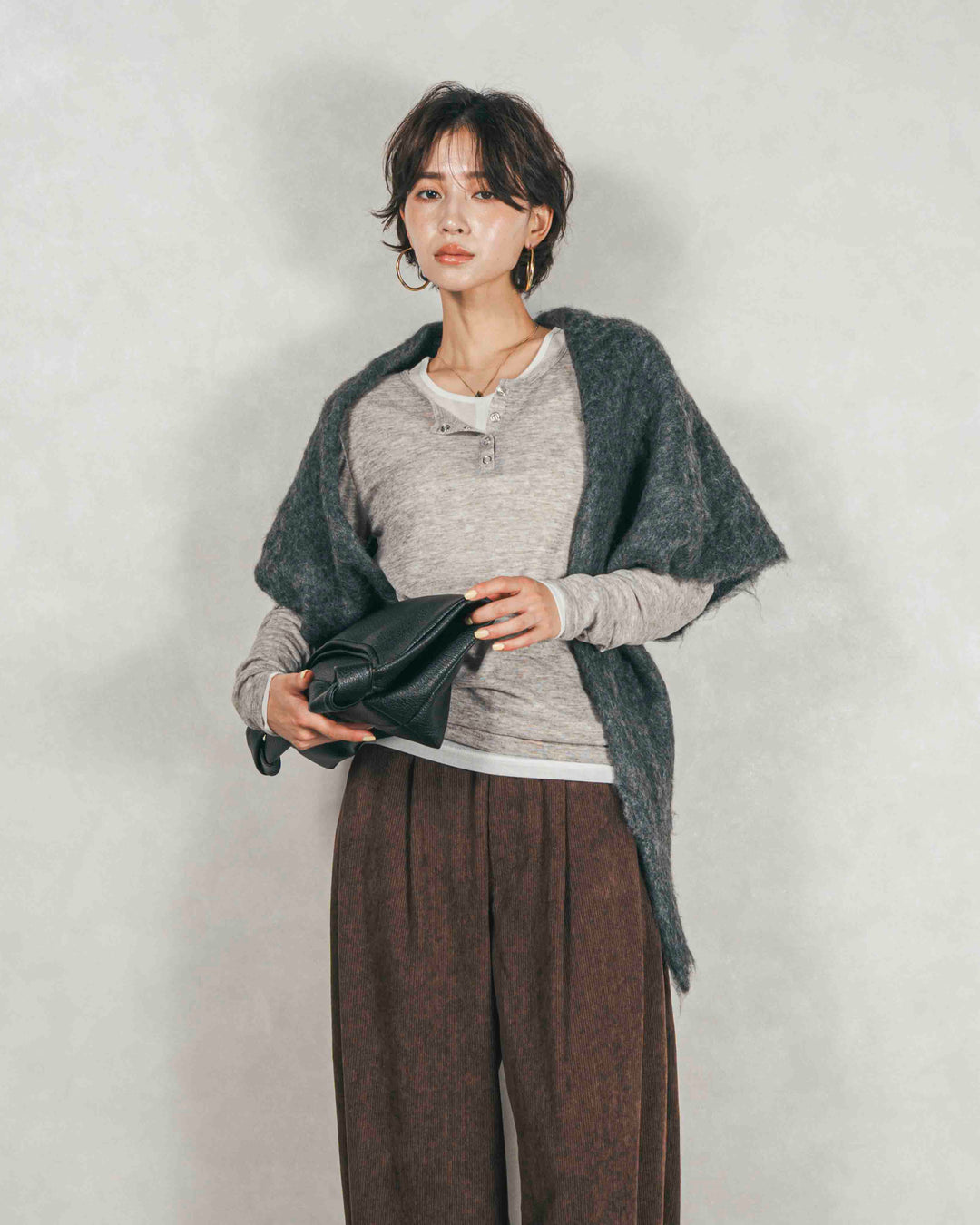 ［SET］Sheerリブヘンリーネックトップス+サイドタックコクーンコーデュロイパンツ（2SET）