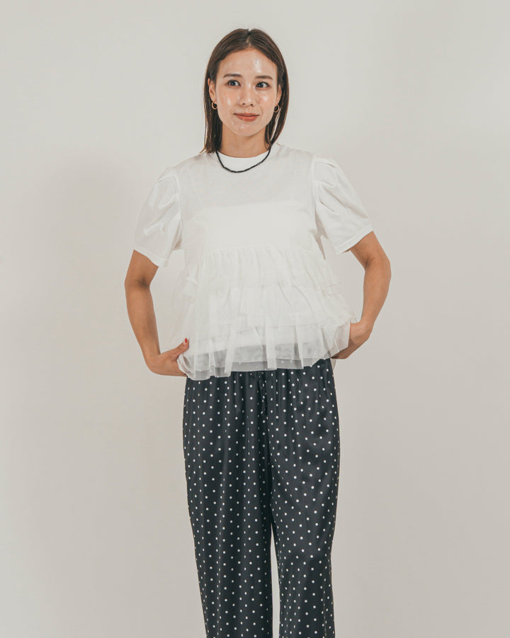 ［SET］チュールフリル ペプラムTシャツ + ドットサテンパンツ（2SET）