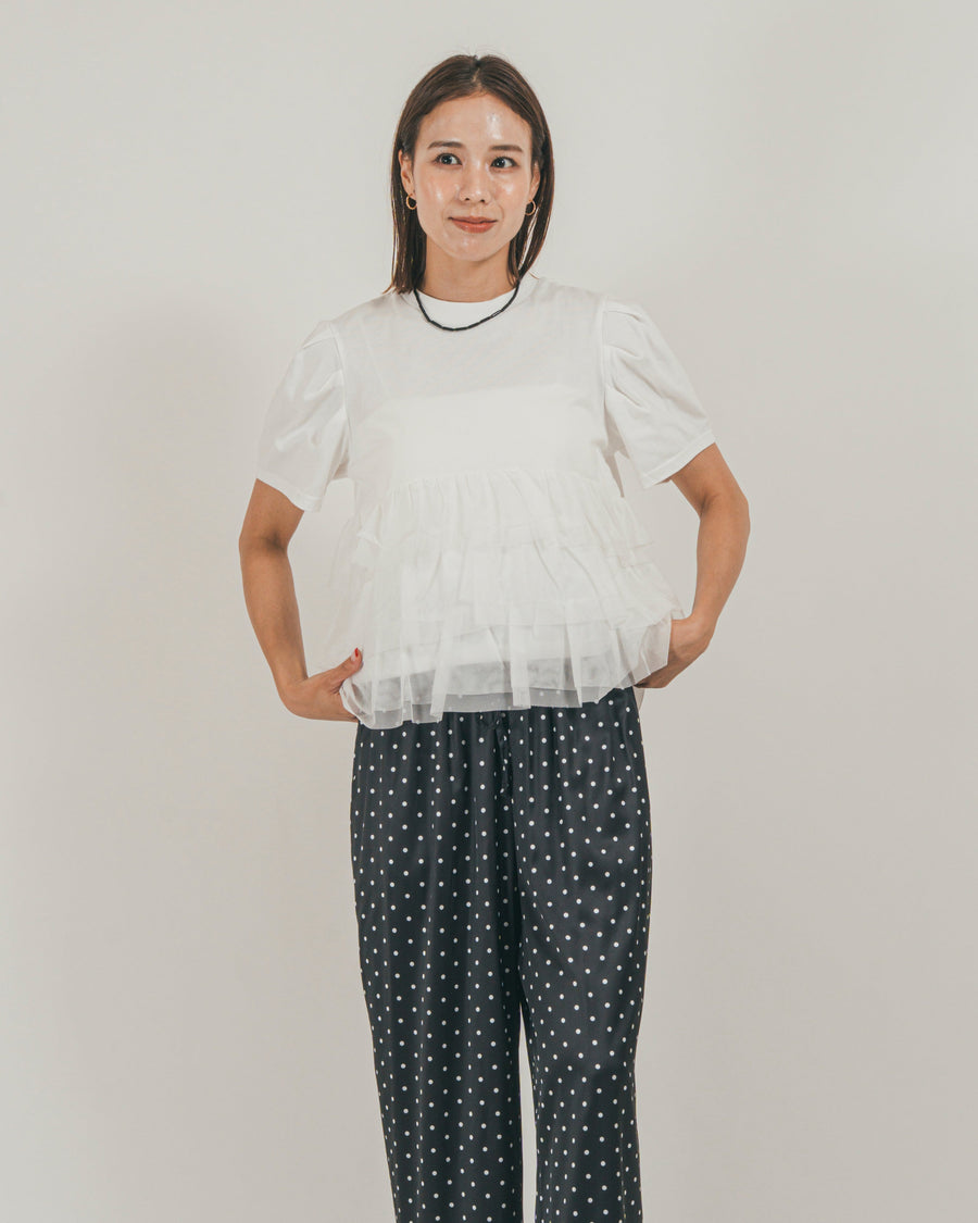 ［SET］チュールフリル ペプラムTシャツ + ドットサテンパンツ（2SET）