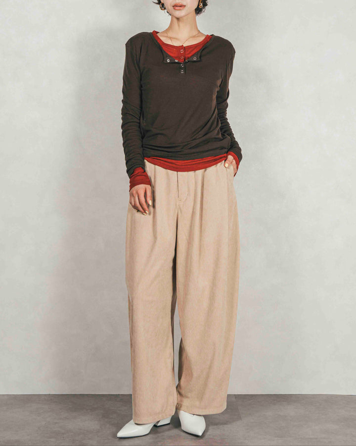 Sheerリブヘンリーネックトップス (BROWN)