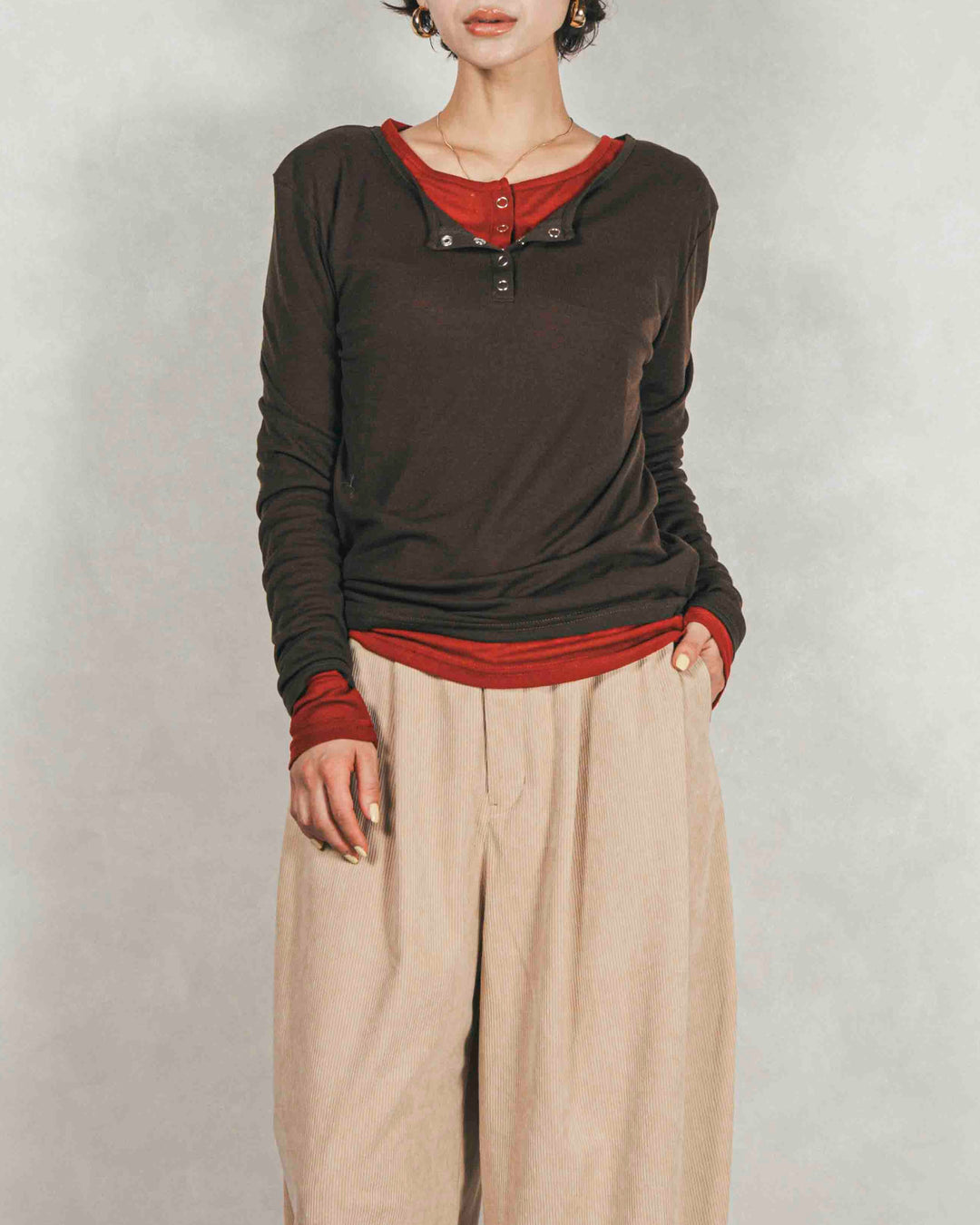 ［SET］Sheerリブヘンリーネックトップス+Sheerリブヘンリーネックトップス（2SET）